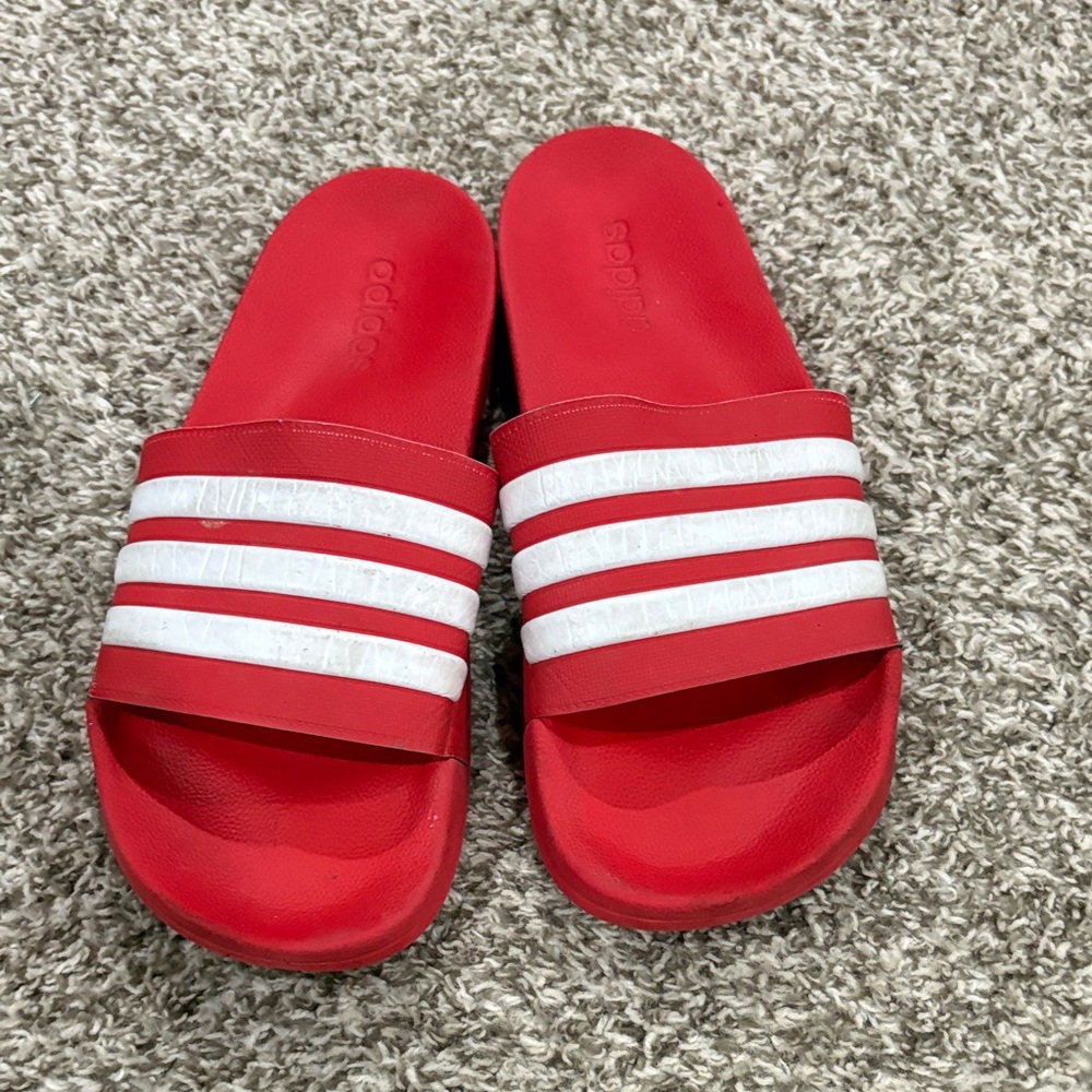 adidas Mens Red Slide Sandals with White Stripes